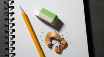 Sharpened yellow pencil, green eraser, and wood shavings on a white spiral notebook photo