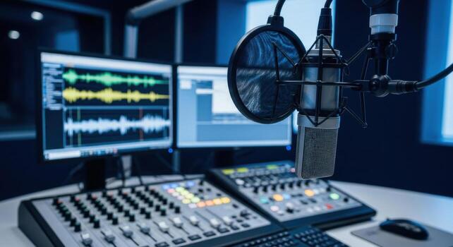Professional Radio Studio Setup with Microphone, Audio Mixer, and Sound Waveform Monitors photo