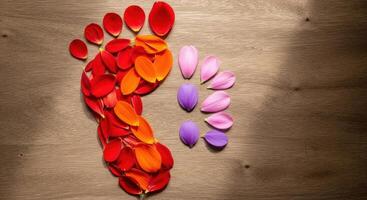 Human Footprint Shape Made From Colorful Flower Petals on a Wooden Background photo