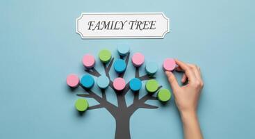 Hand placing a colorful circle on a family tree diagram, symbolizing genealogy and ancestry. photo
