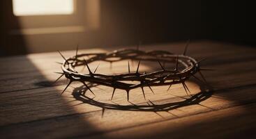 Crown of Thorns on Wooden Table with Sunlight and Shadow, Symbol of Christian Faith photo