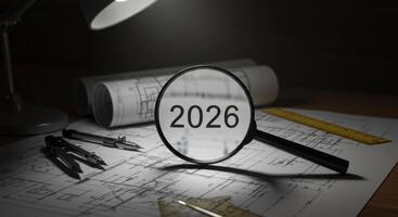 Magnifying Glass on Architectural Blueprints Highlighting Year 2026 for Future Planning and Projects photo