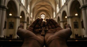Hands holding a rosary with a wooden cross in a church interior with arched ceilings. photo