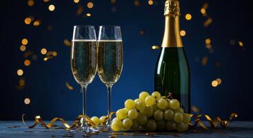 Champagne bottle, two glasses, and green grapes with golden bokeh lights for a festive celebration. photo
