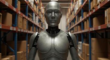 Humanoid Robot in a Modern Warehouse with Shelves of Cardboard Boxes for Automated Logistics photo