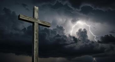 Weathered wooden cross stands prominently against a dramatic stormy sky with bright lightning photo