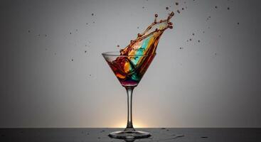 Dynamic splash of vibrant multicolored liquid in a martini glass, capturing energetic motion. photo