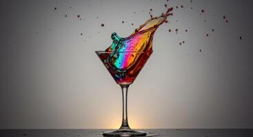 Vibrant multicolored liquid splashing from a martini glass, creating a dynamic rainbow burst. photo