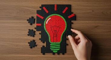 Hand completing a jigsaw puzzle forming a bright red light bulb, symbolizing a new idea or solution. photo