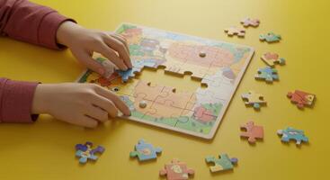 Child Hands Assembling Colorful Jigsaw Puzzle on Yellow Table for Learning and Fun photo