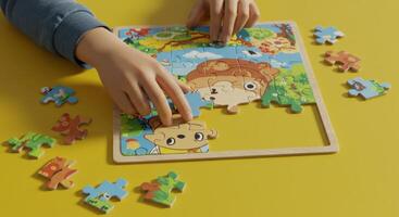 Child hands assembling a colorful cartoon animal jigsaw puzzle on a bright yellow table photo