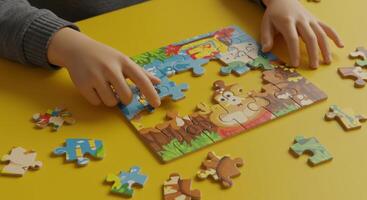 Child hands assembling a colorful jigsaw puzzle on a yellow table, promoting learning and development. photo