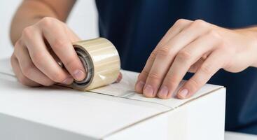 Close Up of Hands Using Clear Packing Tape to Seal a White Cardboard Box for Shipping photo