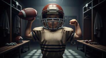 Determined Young Boy in Football Helmet and Jersey Flexing Arm in Locker Room photo