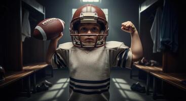 Young boy in football helmet and uniform flexing bicep with a football in a locker room. photo