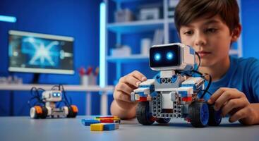 Young boy building and programming a modern robot, exploring STEM education and technology photo