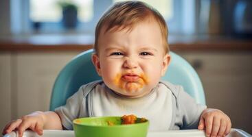 Disgusted baby with messy face in high chair refusing to eat pureed food from a green bowl. photo