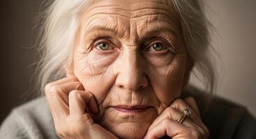 Close up portrait of an elderly woman with white hair, green eyes, and visible wrinkles photo