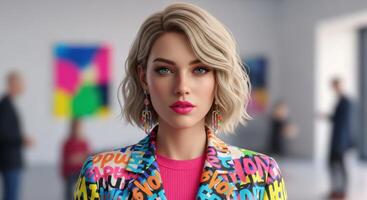 Young woman with blonde hair and vibrant graffiti blazer in a modern art gallery. photo