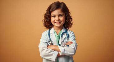 Smiling young girl in doctor coat with stethoscope, aspiring to a future in medicine. photo