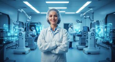 Smiling Female Scientist in Advanced Laboratory with Robotic Arms and Holographic Interfaces photo