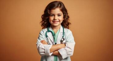 Smiling young girl dressed as a doctor with a stethoscope, standing with arms crossed. photo