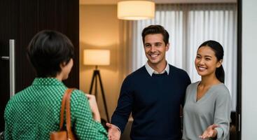 Happy couple welcomes a guest into their modern home with warm smiles and open arms. photo