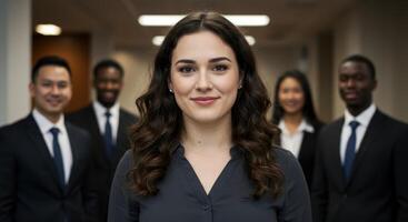 Confident Young Businesswoman Leading Diverse Team of Professionals in Modern Office photo