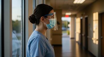 Healthcare professional wearing mask and face shield looks out window in hospital hallway photo