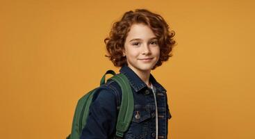 Portrait of a smiling young boy with curly red hair wearing a green backpack and denim jacket photo