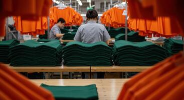 Workers folding and stacking green t shirts in a busy garment factory production area photo