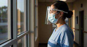 Dedicated female healthcare worker in scrubs, mask, and face shield looks out hospital window. photo