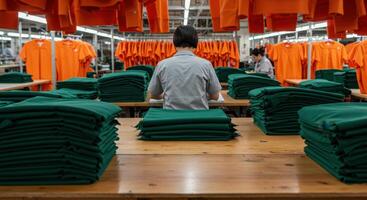 Garment factory worker surrounded by stacks of green fabric and hanging orange uniforms photo