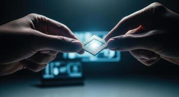 Hands holding a glowing CPU chip, symbolizing advanced technology and digital innovation photo