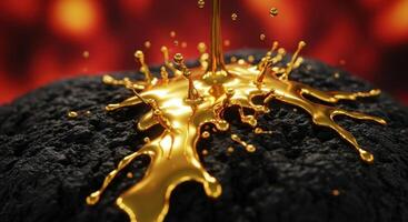 Golden liquid splashing on a dark textured surface with a vibrant red and orange background photo