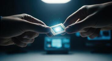 Hands holding a glowing microchip, representing advanced technology, AI, and digital innovation. photo