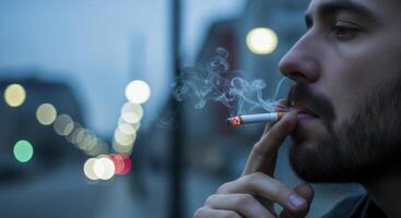 Profile of a bearded man smoking a cigarette, exhaling smoke in an urban evening setting. photo