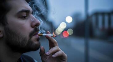 Bearded man smoking a cigarette with smoke rising, illuminated by urban bokeh lights at night. photo