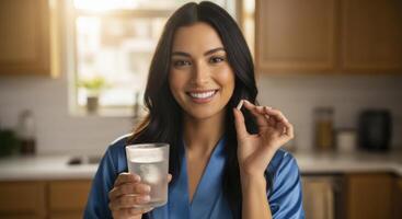 Smiling woman taking a pill with water in her kitchen, promoting health and daily wellness. photo