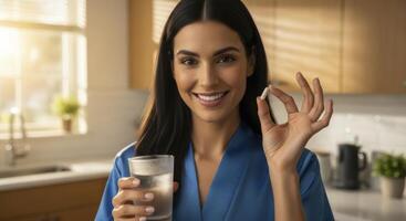 Smiling young woman holding a pill and glass of water in a bright kitchen for health and wellness. photo
