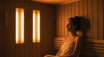 Young woman relaxing in an infrared sauna enjoying the warm glow of the light panels for wellness and heat therapy. photo