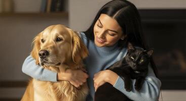 Young Woman with Long Dark Hair Warmly Embracing Her Golden Retriever Dog and Black Cat photo