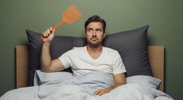 Frustrated man in bed holding a fly swatter, ready to deal with an annoying insect or pest. photo