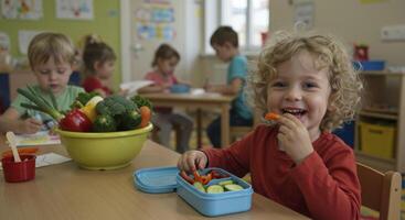 Happy young boy with curly blonde hair enjoys a healthy vegetable snack in a daycare classroom. photo