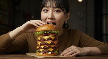 Young Asian Woman Preparing to Eat a Large Gourmet Burger with Cheese and Vegetables photo