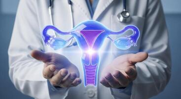 Doctor presenting a glowing 3D hologram of the female reproductive system for women health. photo