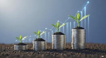 Financial Growth Concept with Green Plants Growing on Stacks of Coins and Upward Graph photo
