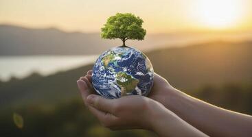 Hands holding Earth globe with a growing tree, symbolizing environmental protection and sustainability photo