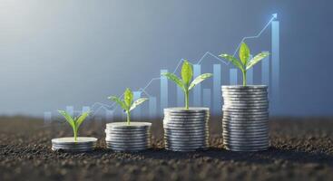 Financial growth concept with increasing coin stacks and growing plants on a rising graph background. photo