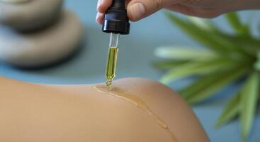 Essential oil applied to a bare shoulder with a dropper, symbolizing spa relaxation and skin care. photo